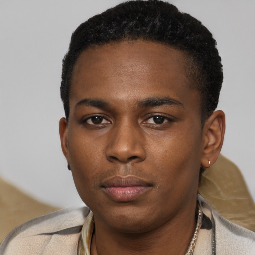 Neutral latino young-adult male with short  brown hair and brown eyes
