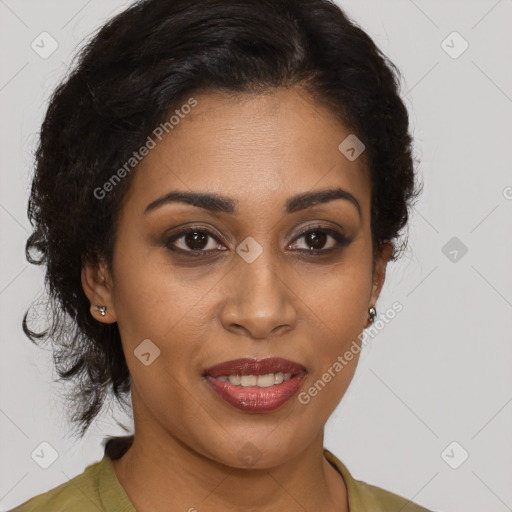 Joyful black young-adult female with medium  brown hair and brown eyes