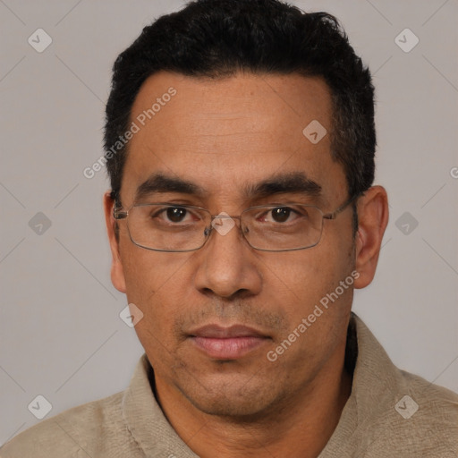Neutral white adult male with short  black hair and brown eyes