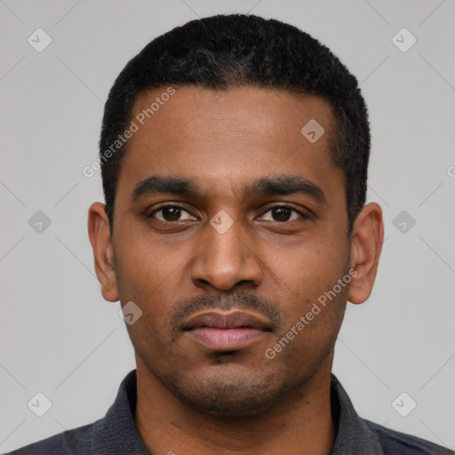 Neutral latino young-adult male with short  black hair and brown eyes