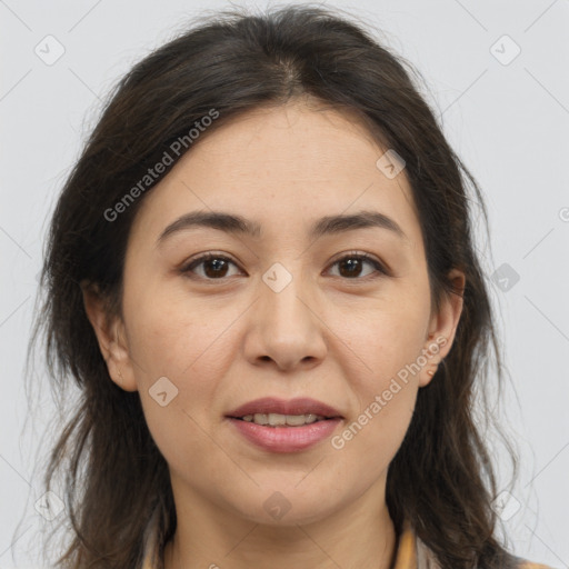 Joyful white adult female with medium  brown hair and brown eyes