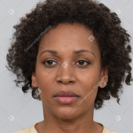 Joyful black adult female with short  brown hair and brown eyes