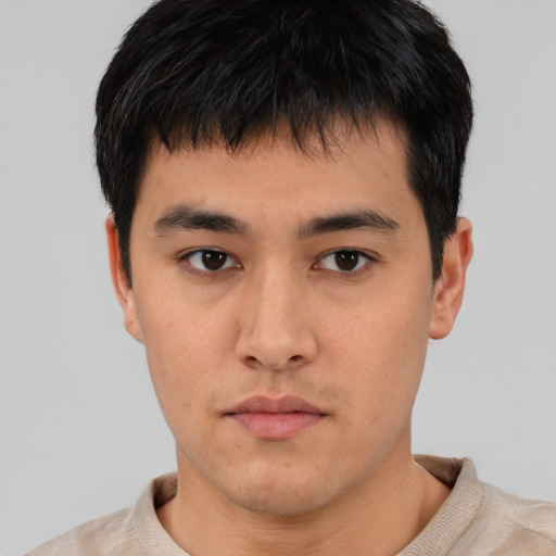 Neutral asian young-adult male with short  black hair and brown eyes