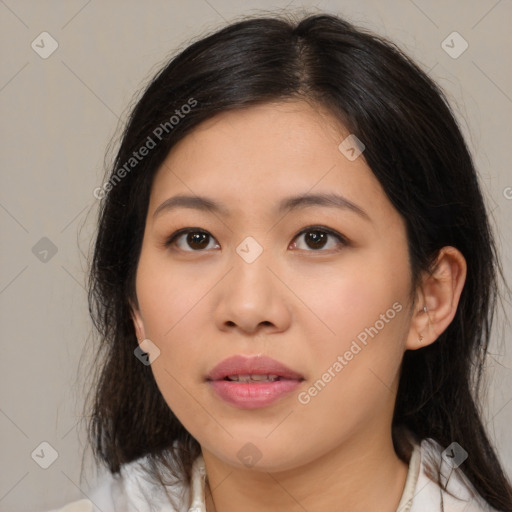 Neutral asian young-adult female with medium  brown hair and brown eyes