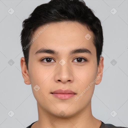 Neutral asian young-adult male with short  brown hair and brown eyes