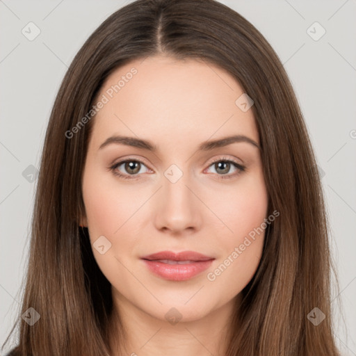 Neutral white young-adult female with long  brown hair and brown eyes