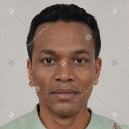 Neutral black young-adult male with short  black hair and brown eyes