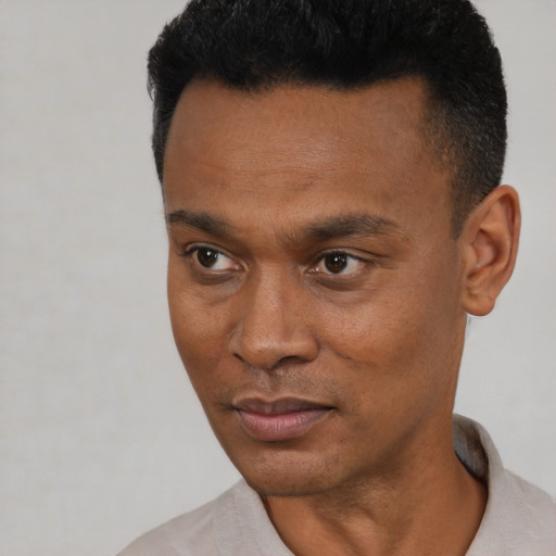 Neutral black young-adult male with short  black hair and brown eyes