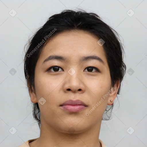 Neutral asian young-adult female with medium  brown hair and brown eyes