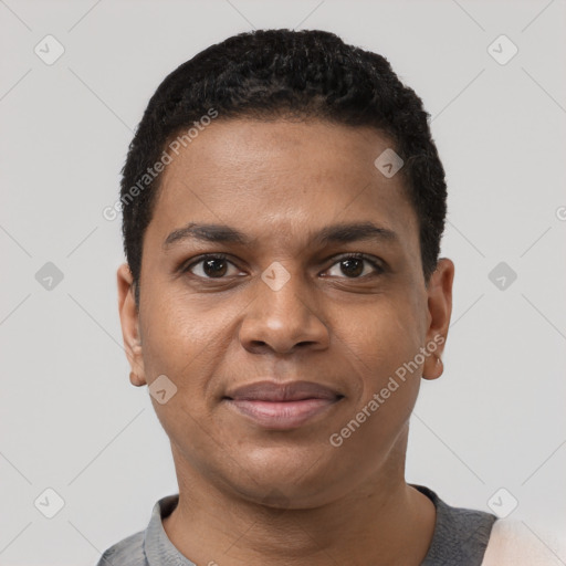 Joyful black young-adult male with short  brown hair and brown eyes