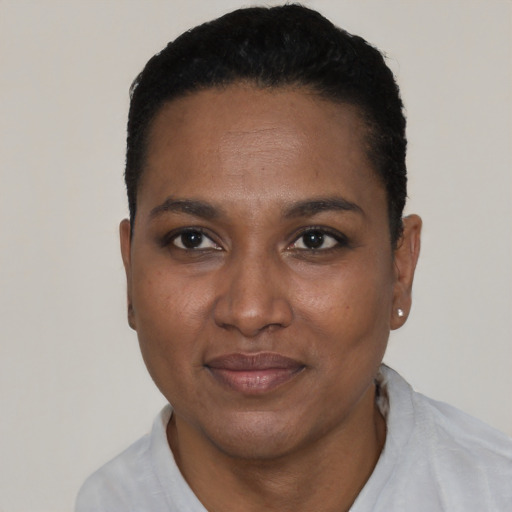 Joyful black young-adult female with short  black hair and brown eyes