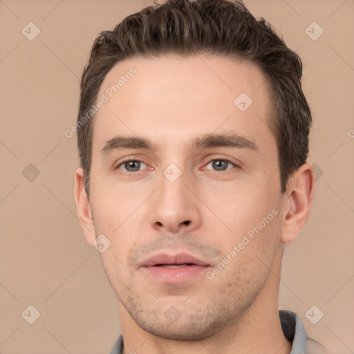 Neutral white young-adult male with short  brown hair and brown eyes