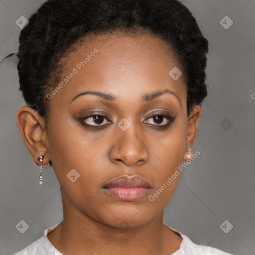 Neutral black young-adult female with short  brown hair and brown eyes