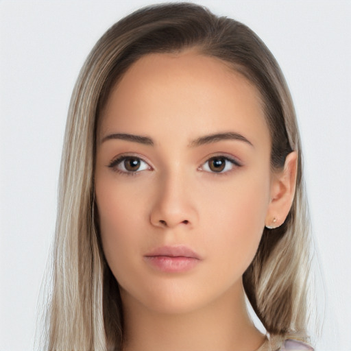 Neutral white young-adult female with long  brown hair and brown eyes