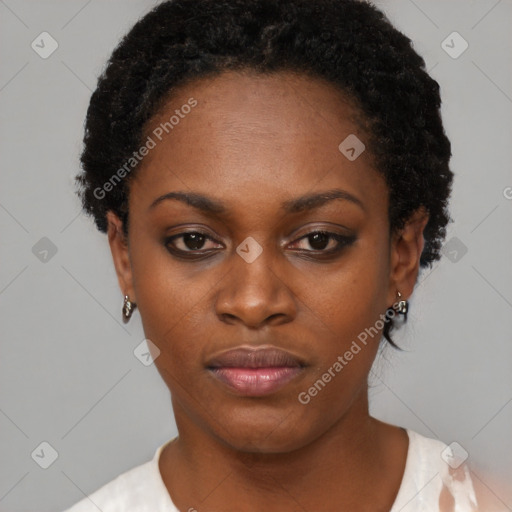 Neutral black young-adult female with short  black hair and brown eyes