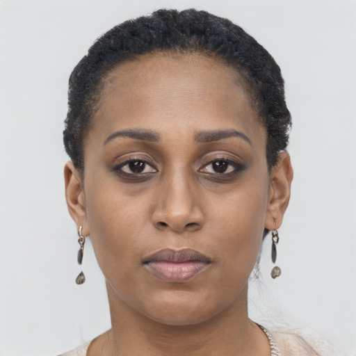 Joyful black young-adult female with short  brown hair and brown eyes
