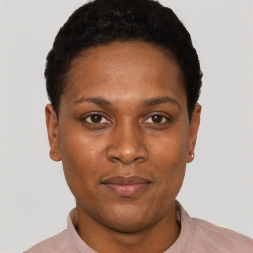Neutral black young-adult female with short  black hair and brown eyes