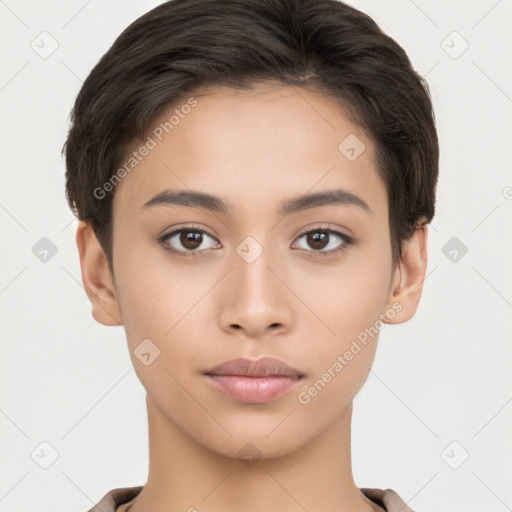 Neutral white young-adult female with short  brown hair and brown eyes