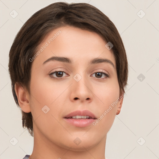 Neutral white young-adult female with short  brown hair and brown eyes