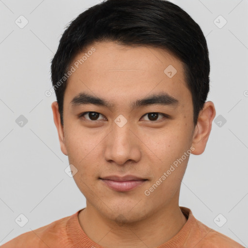 Neutral asian young-adult male with short  brown hair and brown eyes