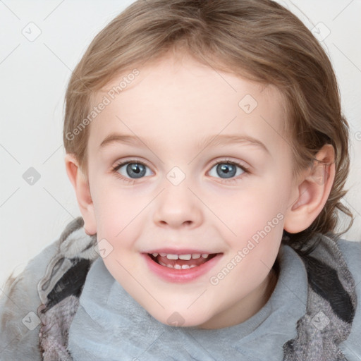 Joyful white child female with medium  brown hair and blue eyes