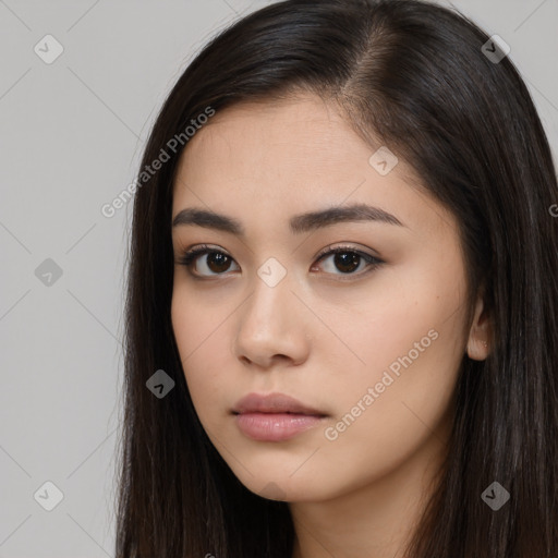 Neutral white young-adult female with long  brown hair and brown eyes