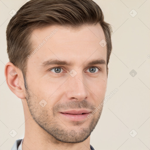 Neutral white young-adult male with short  brown hair and brown eyes