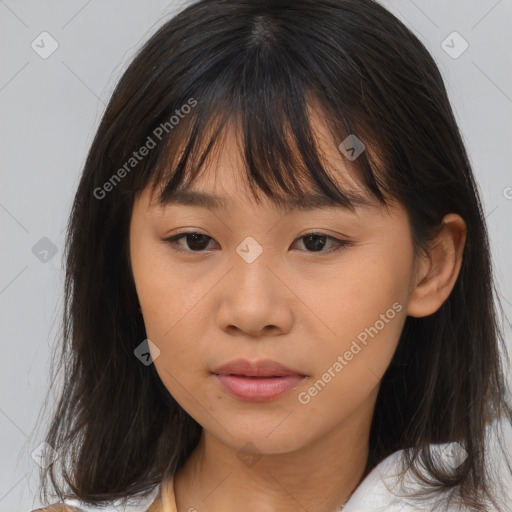 Neutral asian young-adult female with medium  brown hair and brown eyes