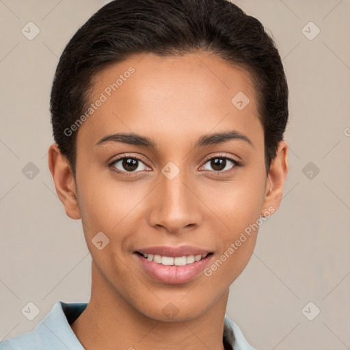 Joyful white young-adult female with short  brown hair and brown eyes