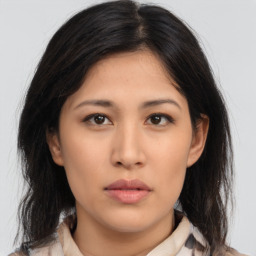 Neutral asian young-adult female with medium  brown hair and brown eyes