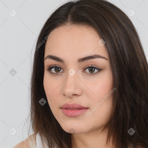 Neutral white young-adult female with long  brown hair and brown eyes