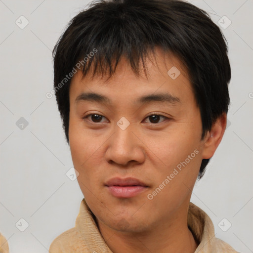 Neutral asian young-adult male with short  brown hair and brown eyes