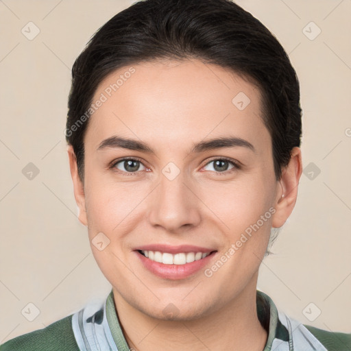 Joyful white young-adult female with short  brown hair and brown eyes