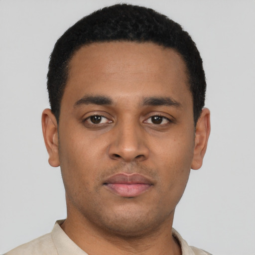 Neutral latino young-adult male with short  black hair and brown eyes