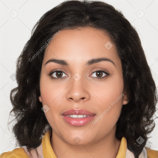 Joyful latino young-adult female with medium  brown hair and brown eyes