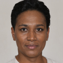 Neutral black young-adult female with short  black hair and brown eyes