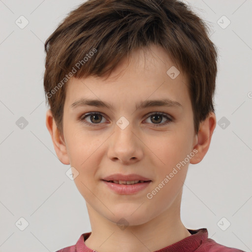 Joyful white child male with short  brown hair and brown eyes