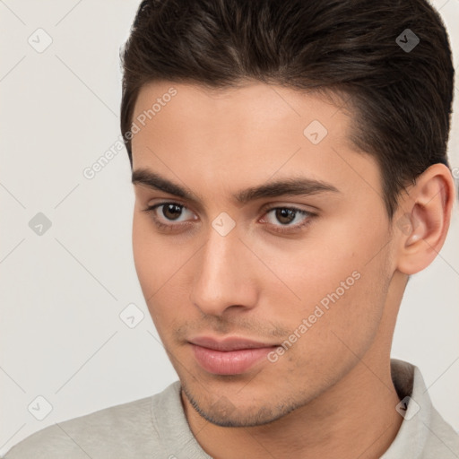 Neutral white young-adult male with short  brown hair and brown eyes