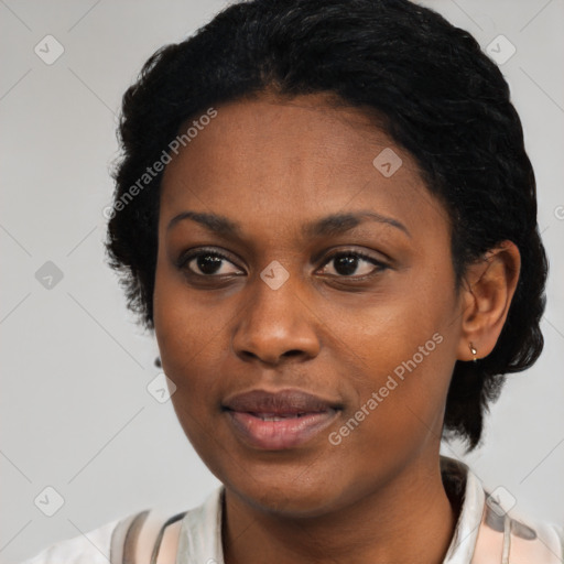 Neutral black young-adult female with short  black hair and brown eyes