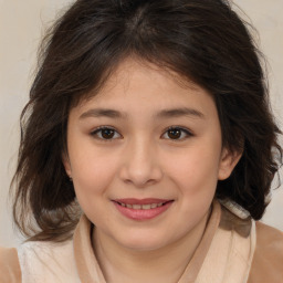 Joyful white child female with medium  brown hair and brown eyes