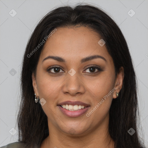 Joyful latino young-adult female with long  brown hair and brown eyes