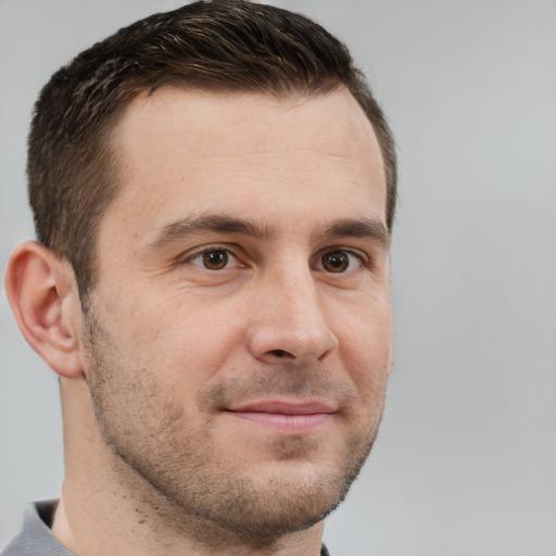 Neutral white adult male with short  brown hair and brown eyes