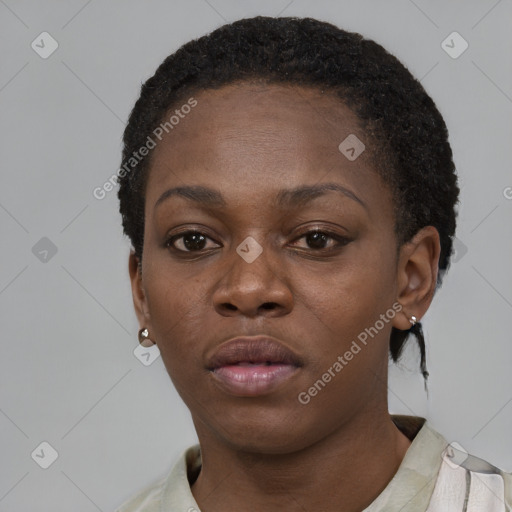 Neutral black young-adult female with short  black hair and brown eyes