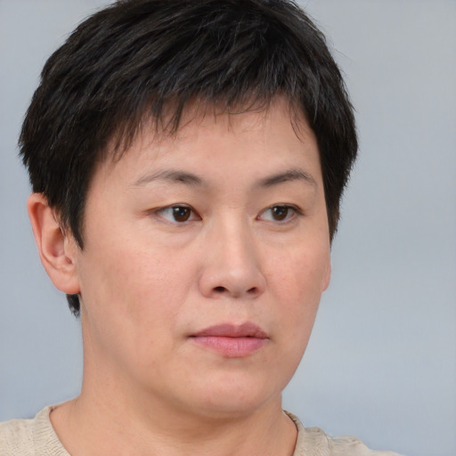 Neutral asian young-adult male with short  brown hair and brown eyes