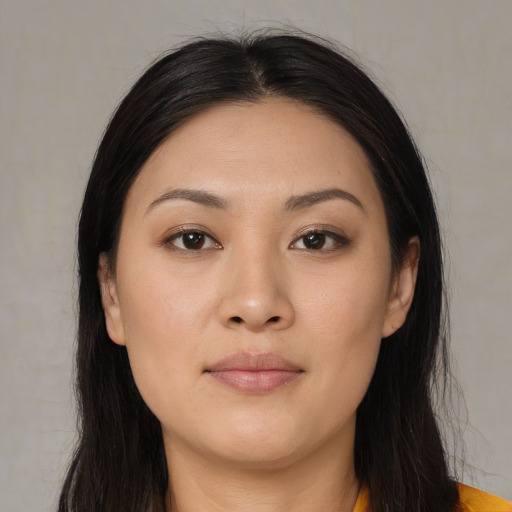 Neutral asian young-adult female with long  black hair and brown eyes