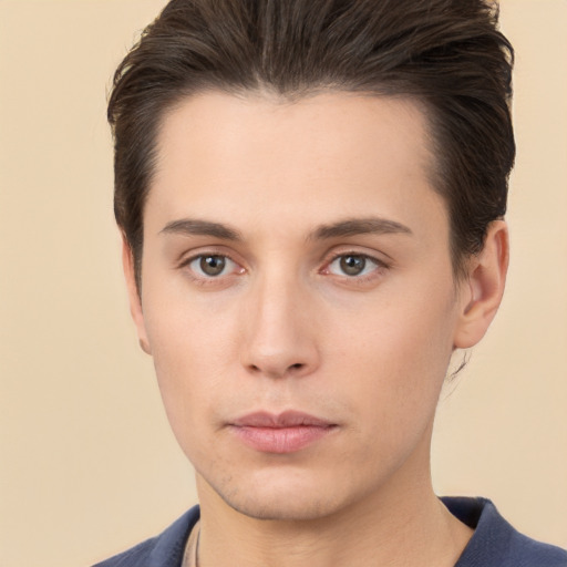 Neutral white young-adult male with short  brown hair and brown eyes