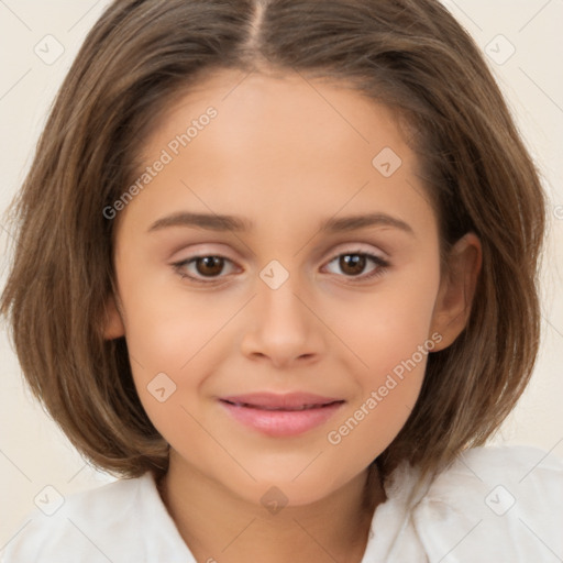 Joyful white child female with medium  brown hair and brown eyes