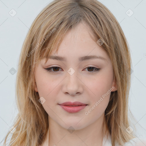 Joyful white child female with medium  brown hair and brown eyes