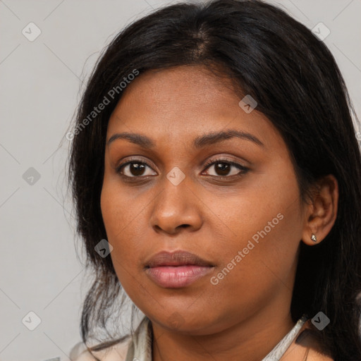 Joyful asian young-adult female with long  brown hair and brown eyes