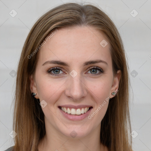 Joyful white young-adult female with long  brown hair and grey eyes